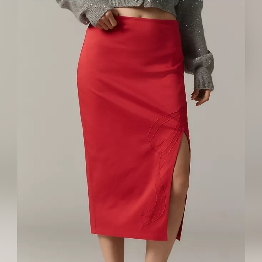 Anthropologie Maeve Bombshell Bow Midi Pencil Skirt In Red Size Large NWT - Picture 5 of 14
